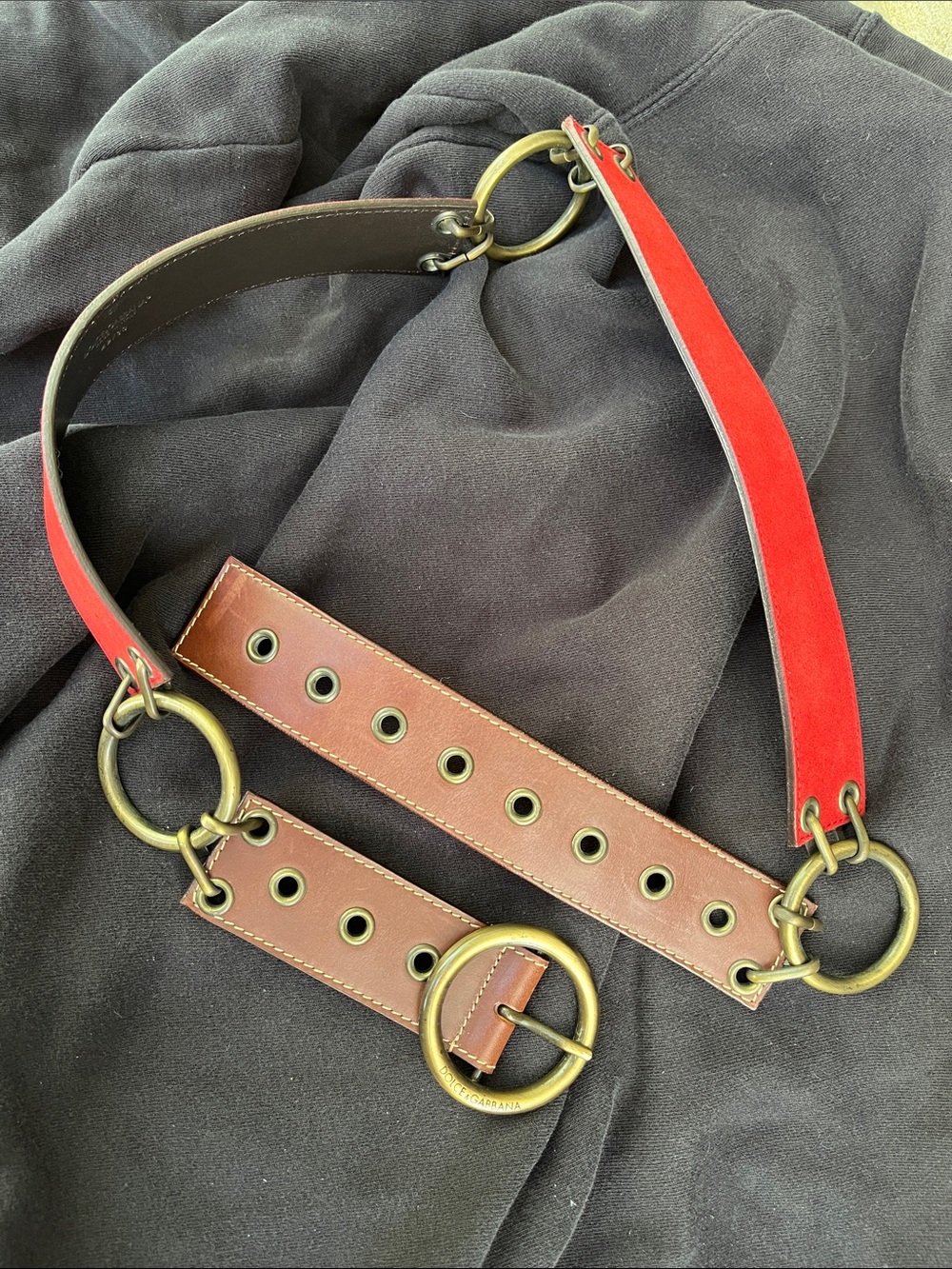 Dolce & Gabbana Brown Leather and Red Suede Ring-Link Belt